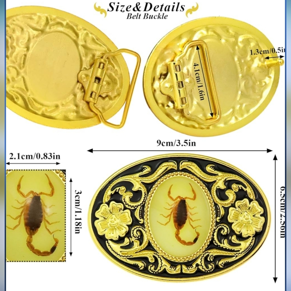 New scorpion belt buckle approx. 3.75 " glows in dark.  Matching bolo tie avail.